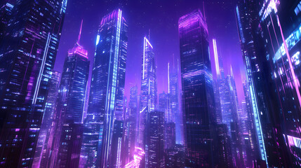 Obraz premium Futuristic Neon City Skyline at Night with Vibrant Purple and Blue Lights