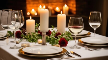 Romantic Dinner Table Setting with Candles and Roses