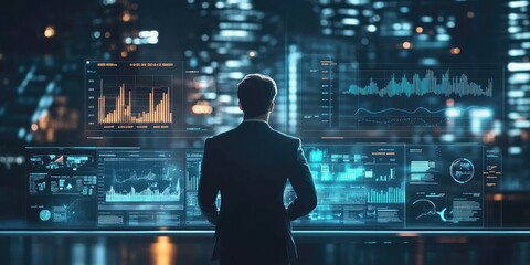 Big data analytics and business intelligence concept with chart and graph icons on a digital screen interface and a businessman in background