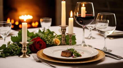 Fototapeta premium Romantic Steak Dinner with Red Wine and Candles by Fireplace