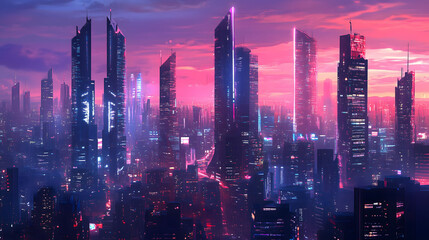 Fototapeta premium Futuristic Cityscape at Sunset with Neon Illuminated Skyscrapers