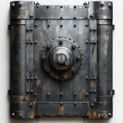 Rustic metal vault door, intricate design.