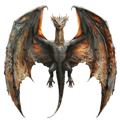 A dragon with orange wings and a black body is flying in the air
