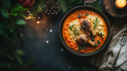 Festive chicken and mashed potatoes with orange sauce.