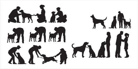dog love silhouette vector design illustration. people working dog.  bundle of dog silhouette vector illustration. black dog silhouette vector image.