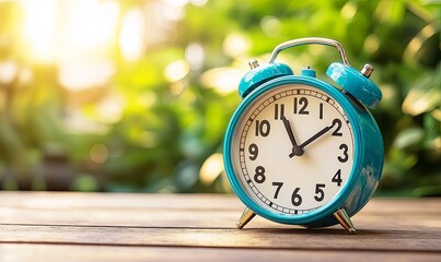 Blue alarm clock on wooden table in sunny garden, showing time, for time management concept