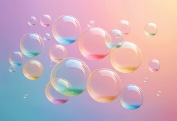 A colorful display of floating bubbles against a soft pastel background, perfect for creating a whimsical atmosphere or for use in children’s themes and festive designs
