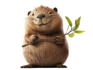Smiling Beaver with Branch: A cartoon beaver with a wide grin holds a leafy branch, radiating playful charm and wholesome good vibes.  