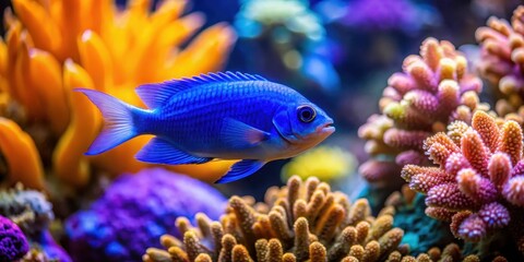 Obraz premium Bright blue damselfish swimming near coral in colorful reef tank, fish, marine life, fish, marine life, reef
