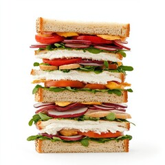 Stacked sandwich with fresh ingredients white isolate background