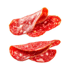 Sliced Catalan sausage Fuet isolated on white transparent background. Concept of cured meats.