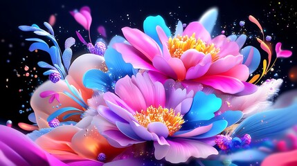 Vibrant Floral Bouquet with Glowing Petals and Sparkling Glitter