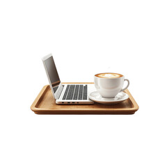 Laptop and Latte on Wooden Tray - Work from Home Concept