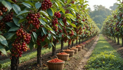 A picturesque coffee cherry orchard with rows of fruit-laden trees and baskets awaiting harvest