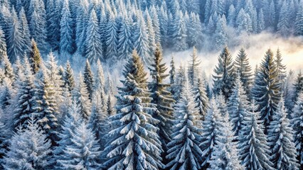 Dense forest landscape with snow-covered trees and frosty atmosphere , trees, evergreen,  trees