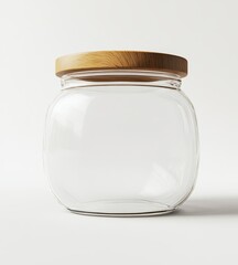 Empty glass jar with wooden lid on white background.
