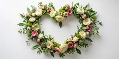 A delicate floral wreath made of intricate heart-shaped blooms and lush greenery, arranged in a circular pattern to create a romantic centerpiece for any room, flowers, romantic decor