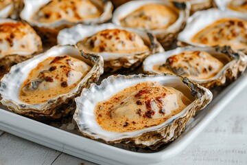 Grilled oysters: A seafood appetizer. Baked oysters served on a white platter.