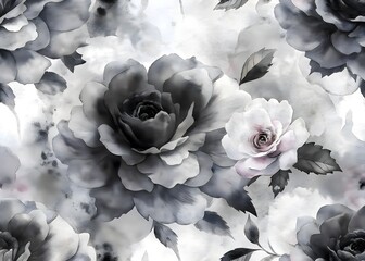 Elegant Black Grey White Roses Floral Pattern Design Background