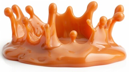 Sweet Caramel Splash, Delicious Caramel Sauce Crown Shape, Isolated on White Background.
