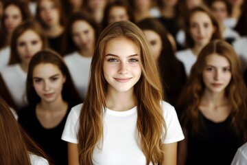 Obraz premium Young Woman with Long Hair Smiling in Front of a Group of Girls Wearing Different Colored Shirts in a Softly Lit Environment