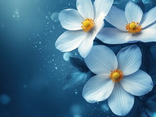 Serene White Flowers with Dew Drops on Blue Background