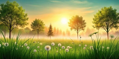 Obraz premium A serene landscape featuring a seamless grass silhouette in a natural setting surrounded by trees and flowers , natural landscape, rural area