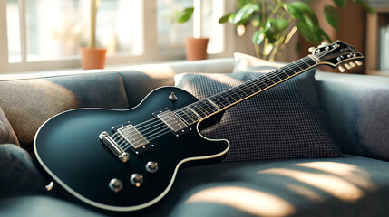 Naklejka premium A modern electric guitar in the middle of a cozy living room
