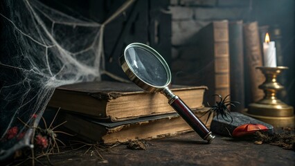 Spooky Horror Room with Microfessional Glass, Creepy Spider, and an Old Dusty Book: A Chilling Scene of Darkness and Fearful Mystery.