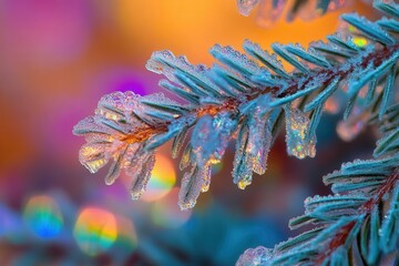 macro photograph of morning frost crystals on blue spruce needles, capturing rainbow light refractions