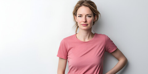Obraz premium Confident Woman in Pink T-Shirt: A poised woman with shoulder-length blonde hair gazes directly at the camera, exuding confidence and self-assurance.