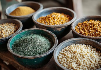 A Colorful Display of Raw Spices and Grains in Traditional Bowls on a Rustic Wooden Table Capturing the Essence of Authentic Culinary Practices
