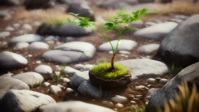 sapling growing from rich soil, surrounded by small natural elements like rocks and grass