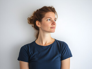 Fototapeta premium Thoughtful Gaze: A captivating portrait of a woman with auburn hair and piercing eyes, lost in thought as she stares intently towards the horizon.