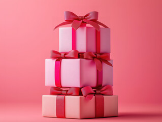 Fototapeta premium Stacked pink and red gift boxes with chic bows on top