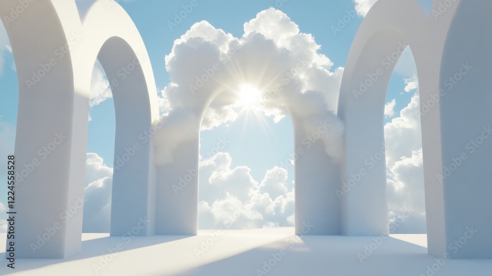 Wall mural 3d rendering of beautiful white clouds in curved shape with blue sky background
