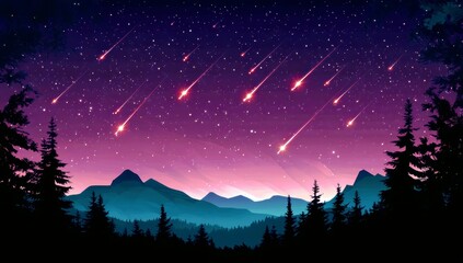 Celestial Shower Over Majestic Mountains and Pine Forest at Dusk Under a Starry Sky Filled with Shooting Stars and Vibrant Colors of Twilight