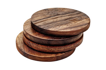 Artfully arranged wooden coasters resting on a simple white background capturing the natural beauty of handcrafted craftsmanship isolated on transparent background