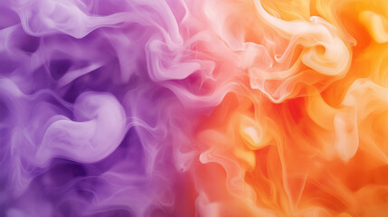 Fototapeta premium Abstract watercolor background featuring a blend of orange, purple, and pink hues with a smoke effect, grainy texture, soft blurred edges, and highly detailed flat vector graphic style