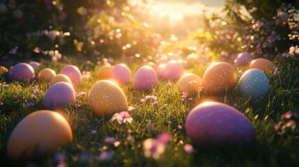 Vibrant Easter eggs arranged on a grassy background, bathed in soft sunlight, symbolizing rebirth and hope with a radiant glow.