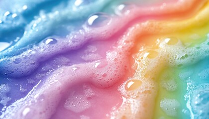 Obraz premium Rainbow foam texture, close-up, bubbles, flowing, abstract background, cleaning product