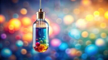 A transparent glass ampoule filled with a colorful liquid and suspended in mid-air against a soft focus background, glass, glowing