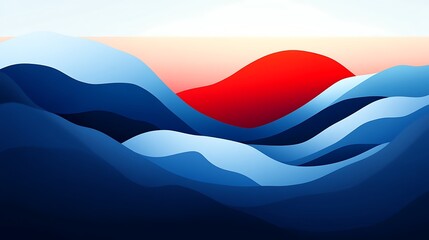 Naklejka premium Abstract Red Sun Over Blue Wavy Mountains