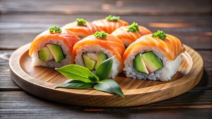 Sushi with smoked salmon and avocado on a wooden plate , Japanese food, wooden plate, Japanese food,wooden plate,seafood,delicious