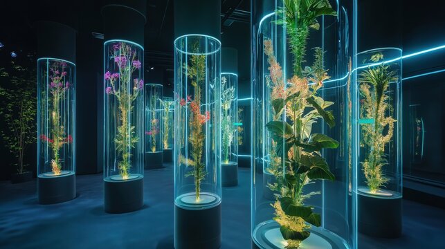 Futuristic Botanical Exhibit Showcases Rare Glowing Genetically Modified Plants in Transparent Glass Tubes at a Modern Venue
