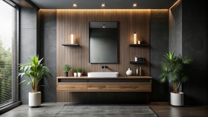 dark minimalist bathroom with sleek vanity, modern decor