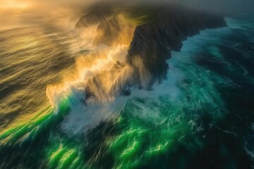 Fototapeta premium majestic emerald waves crashing at sunset, golden light dancing across foam-capped swells, dramatic coastal perspective with rich atmospheric depth and ethereal mist
