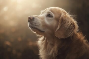 majestic golden retriever portrait, soft natural lighting, shallow depth of field, rich golden fur detail, soulful eyes