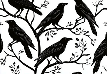 Fototapeta premium Black Birds Perched on Branches in Artistic Nature Pattern with Leaves and Twigs in Elegant Monochrome Design for Interior Decor and Textiles