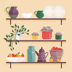 Cupboard with glass and porcelain dishes. Plates, glasses, cups and vases on shelves of wooden cabinet. Furniture, kitchen interior elements with decorations. Cupboard with crockery and houseplants